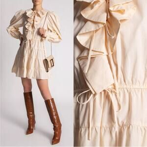 Ulla Johnson Mini Dress Cotton Long Puff Sleeve Ruffle Hem